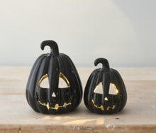 Load image into Gallery viewer, Carved Black Pumpkin Lanterns