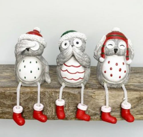 3 Grey Shelf Sitting Owls