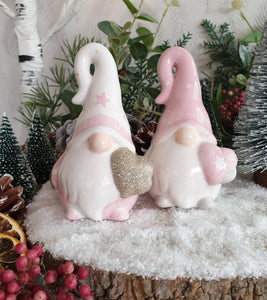 Pink and White Ceramic Gonks holding Hearts