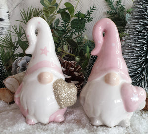 Pink and White Ceramic Gonks holding Hearts