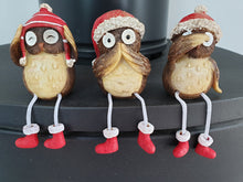 Load image into Gallery viewer, 3 shelf sitting owls with red hats , see,hear , speak no evil